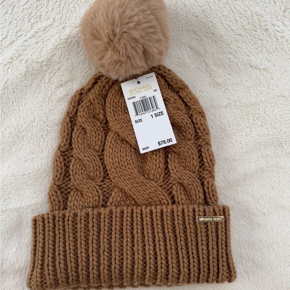 Michael Kors Tan Knit Beanie with Pom Pom